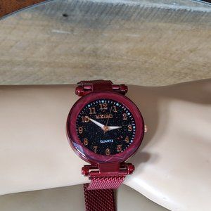 Starry Sky Watch - Dark Red with Black Sparkle Face, Large Number Time Marker